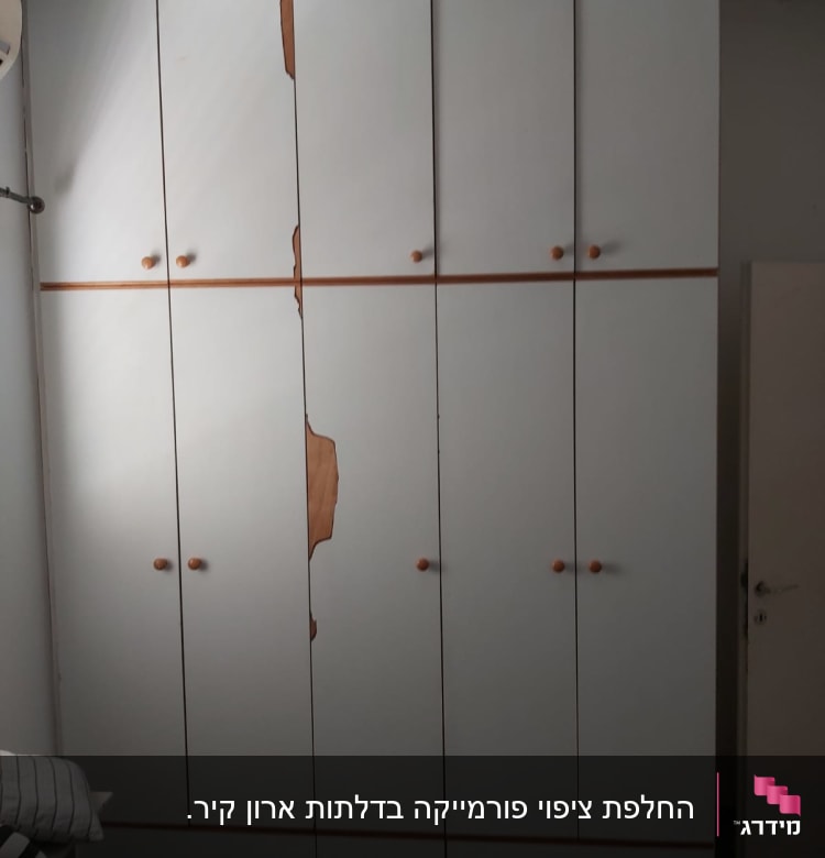 ארון עץ גבוה עם דלתות פגומות